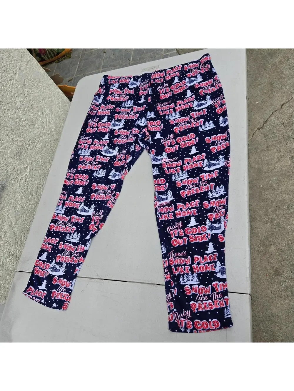 -Navy blue and red Christmas snow pants